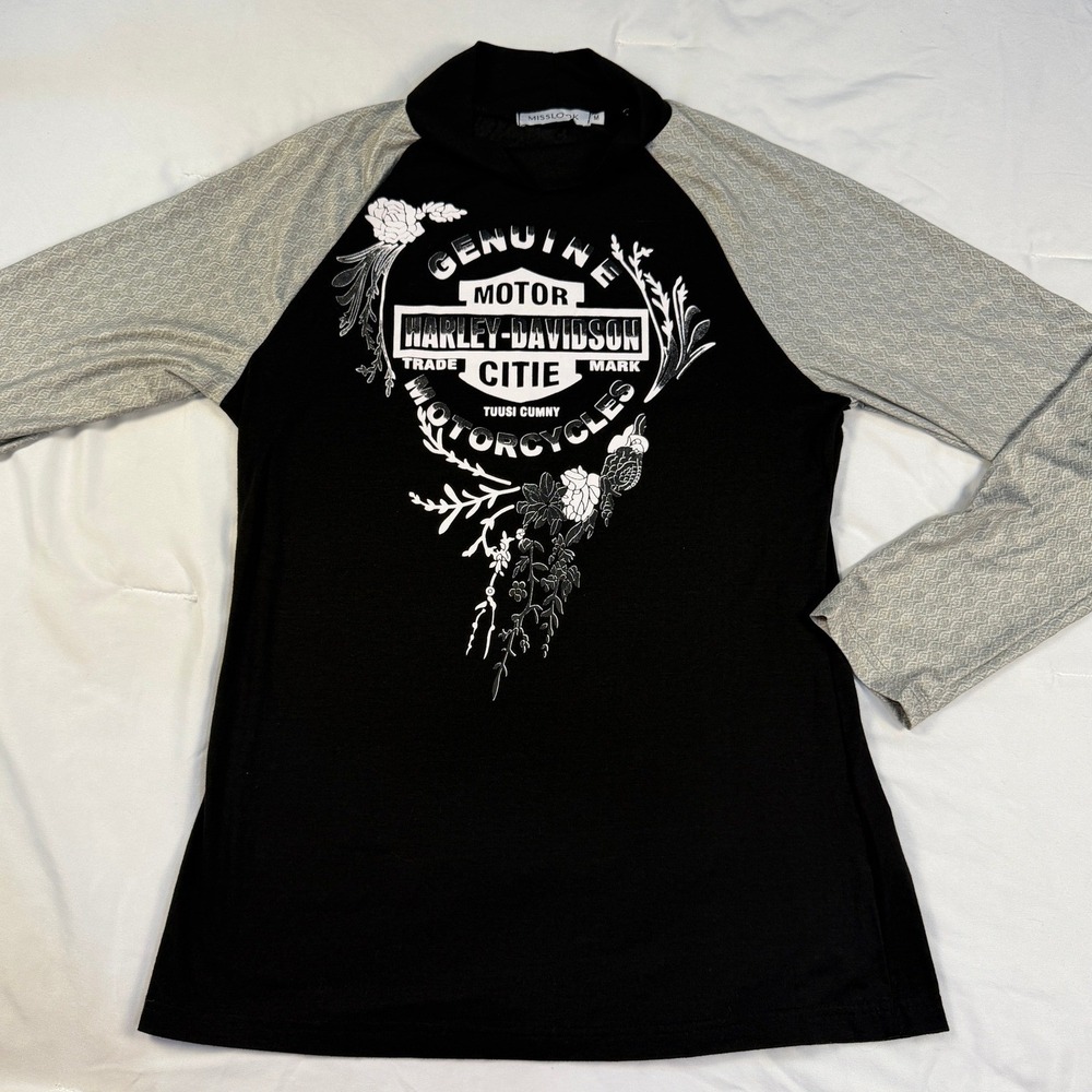 Misslook Harley‎ Davidson Graphic Raglan Long Sleeve Mock Neck Top Black Grey M - Picture 2 of 6